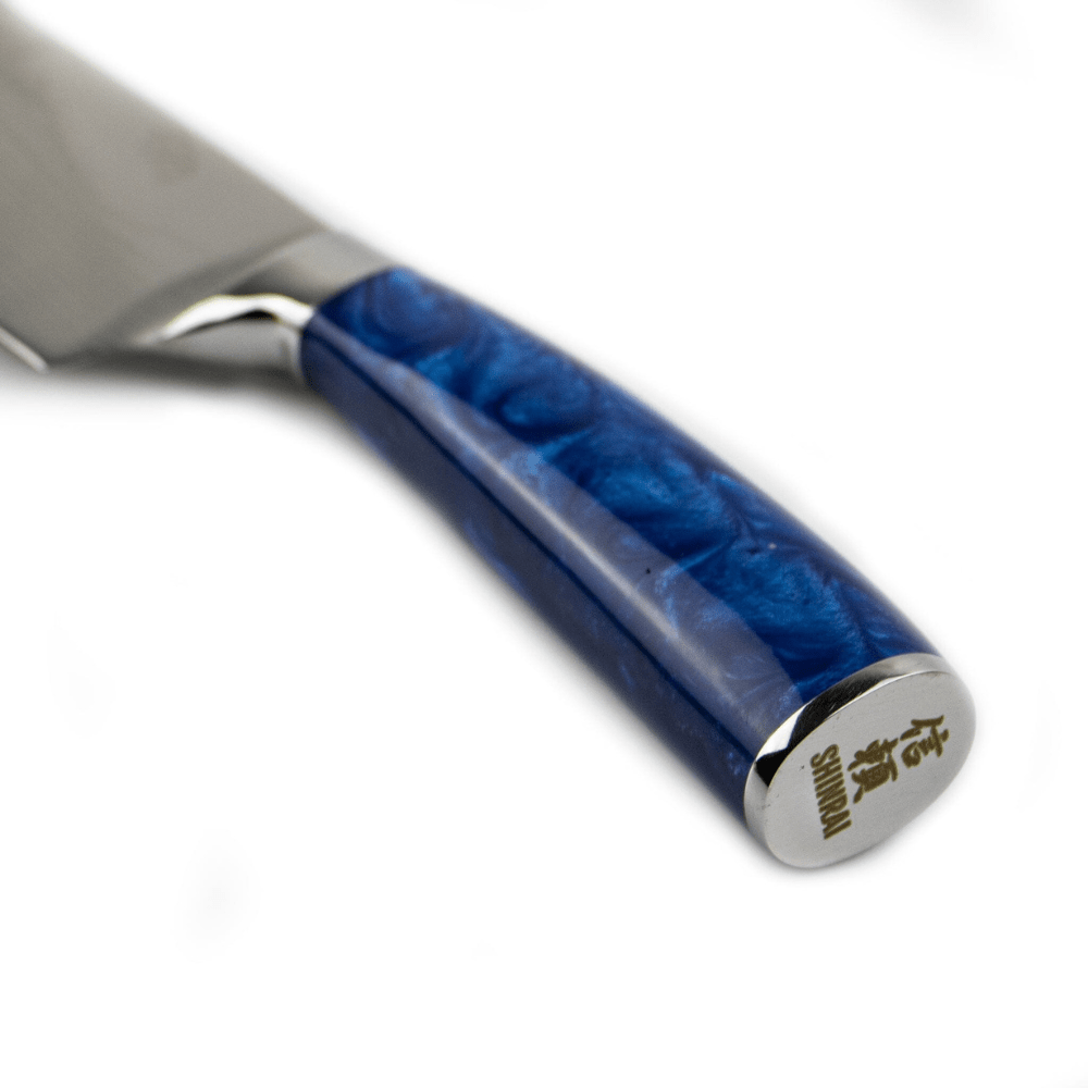 Epoxy Sapphire Damascus Print 6-Delige Messenset + Acacia houder enkelzijdig Messenset met blok Shinrai Knives 