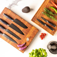 Shinrai Japan - Coffret de 6 couteaux en bois damassé pakka + bloc à couteaux magnétique double face - Noir