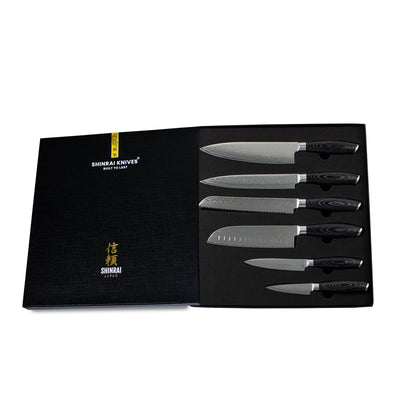 Shinrai Japan - Damast Pakka Wood 6-delige Messenset + Magnetisch Messenblok Scalae - Acacia hout Shinrai Japan 