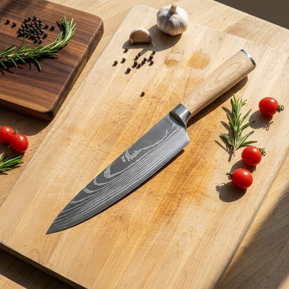 Shinrai Knives - Akari Damascus Print 6-delige Messenset + Magnetisch Messenblok Enkelzijdig - Zwart Messenset met blok Shinrai Knives 
