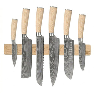 Shinrai Knives - Akari Damascus Print 6-delige Messenset + Messenmagneet Muurstrip - Esdoornhout Messenset met blok Shinrai Knives 