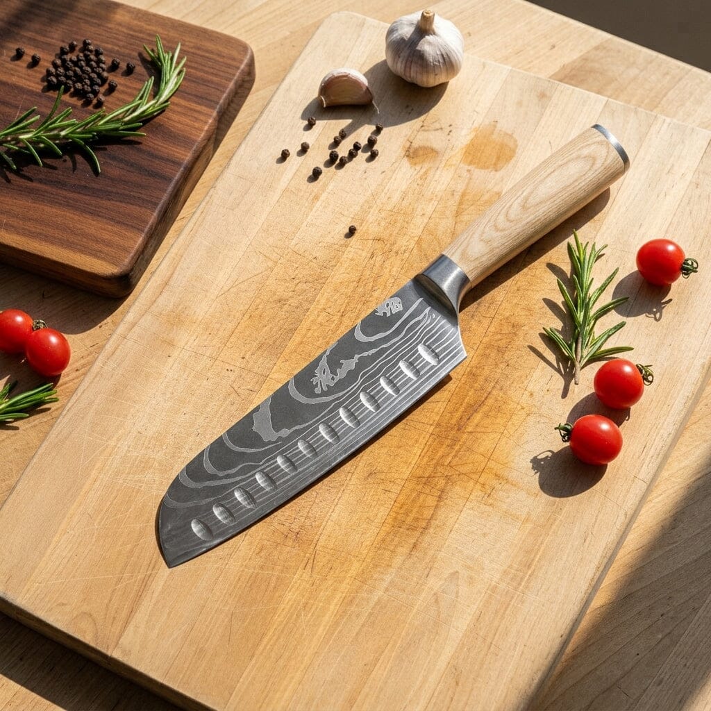 Shinrai Knives - Akari Damascus Print Santoku mes 18 cm Santokumes Shinrai Knives 