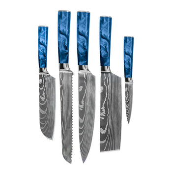 Couteaux Shinrai - Coffret de 5 couteaux en résine époxy saphir à motif damassé - Couteau de chef + Couteau à pain + Nakiri + Petit Santoku + Couteau d'office