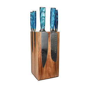 Couteaux Shinrai - Coffret de 6 couteaux Damas Sapphire + Bloc à couteaux - Coffret de couteaux rotatifs avec bloc - Couteaux Shinrai