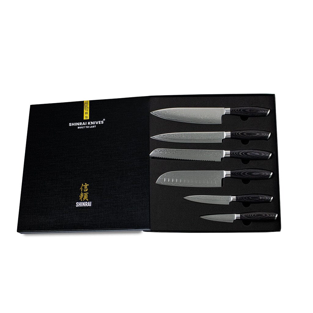 Shinrai Knives - Damast Pakka Wood 6-delige Messenset + Magnetisch Messenblok Scalae - Acacia hout Messenset met blok Shinrai Knives 