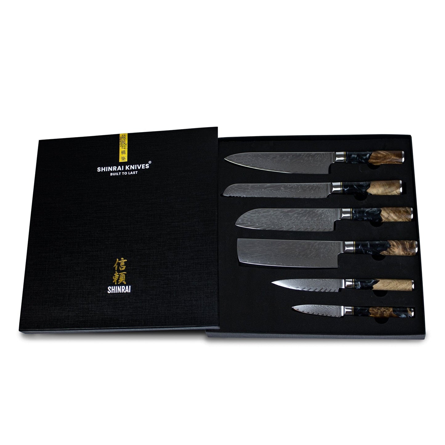 Shinrai Knives - Epoxy Onyx 6-delige Damascus Messenset + Magnetisch Messenblok Scalae - Acacia hout Messenset met blok Shinrai Knives 