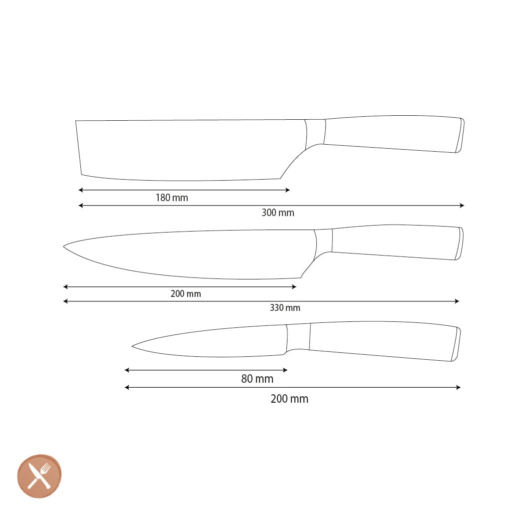 Shinrai Knives - Hammered RVS 3-delige Messenset - Koksmes + Nakiri + Schilmes Messenset Shinrai Knives 