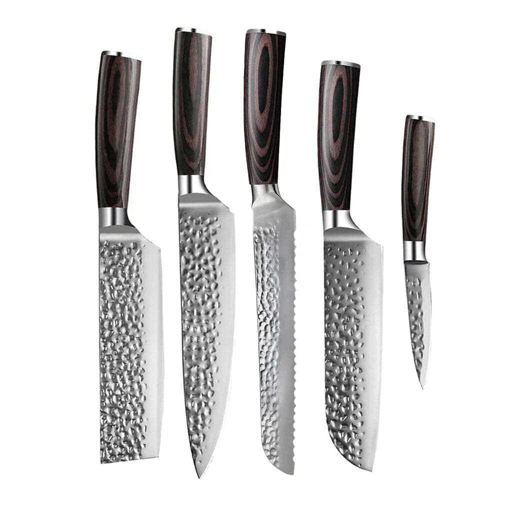 Shinrai Knives - Hammered RVS 5-delige Messenset - Koksmes + Broodmes + Nakiri + Santoku + Schilmes Messenset Shinrai Knives 