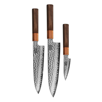 Shinrai Knives - Kigami Exclusive Damascus 3-delige set - Koksmes + Santoku + Schilmes Messenset Shinrai Knives 