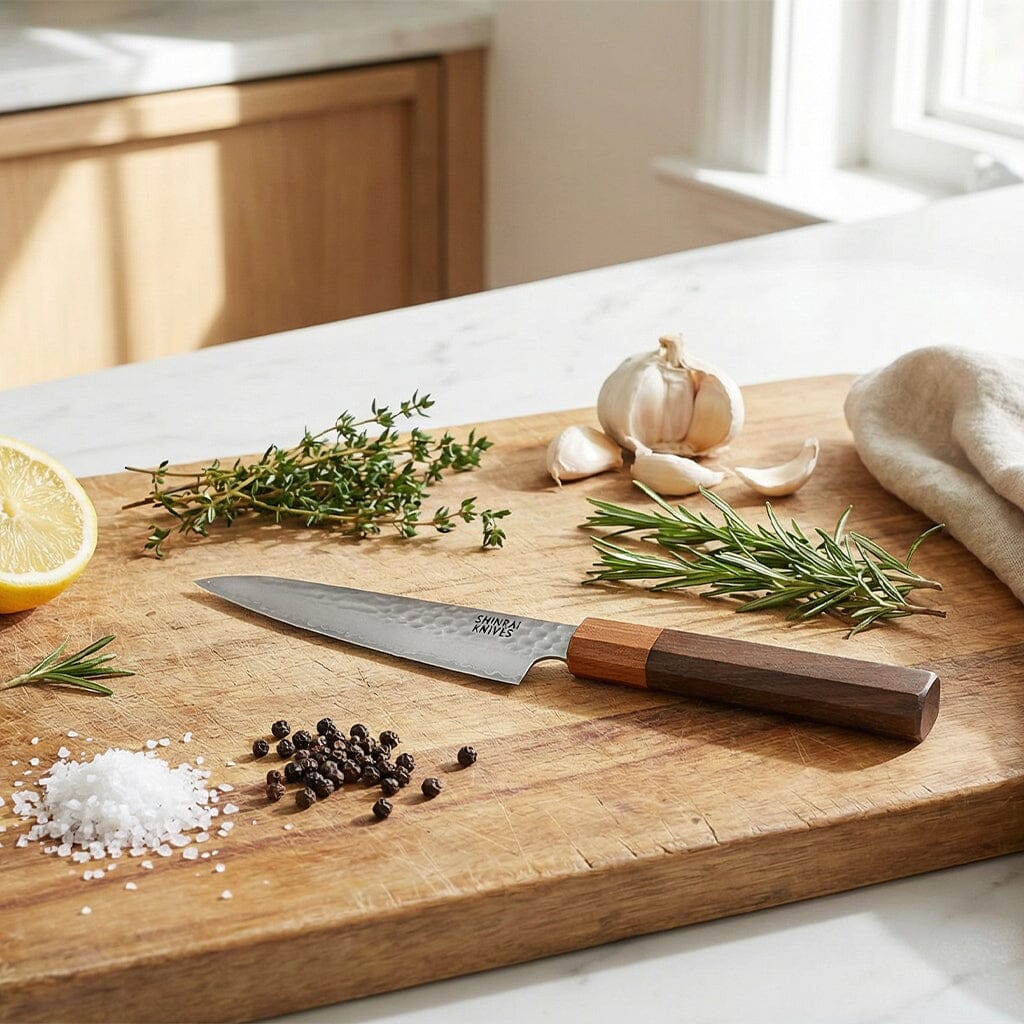 Shinrai Knives - Kigami Exclusive Damascus 5-delige set - Koksmes + Broodmes + Nakiri + Officemes + Schilmes Messenset Shinrai Knives 