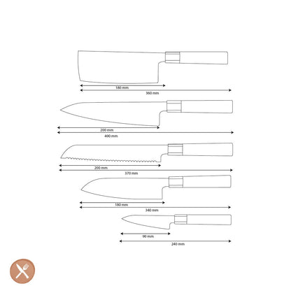 Shinrai Knives - Kurayami 5-delige Damascus Messenset - Koksmes + Broodmes + Nakiri + Santoku + Schilmes Messenset Shinrai Knives 
