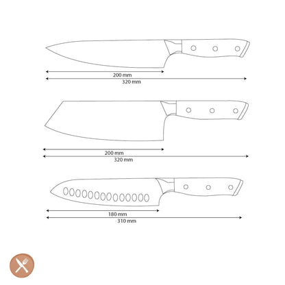 Shinrai Knives - Parelmoer Jewels 3-delige Damascus Messenset - Koksmes + Nakiri + Santoku Messenset Shinrai Knives 